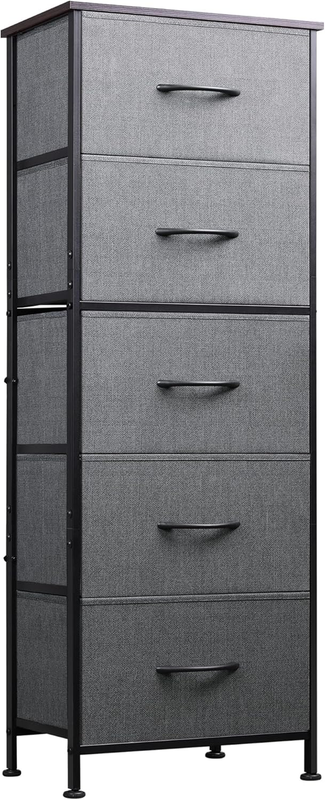 5 Drawer Fabric Dresser Storage Tower Steel Frame Wood Top Dark Grey9