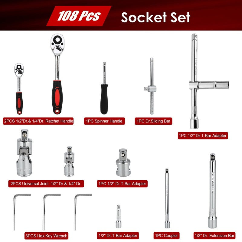 108 Pcs Mechanic Socket Tool Kit，Cr-V Steel Metric and Standard 1/4" & 1/2" Ratc3