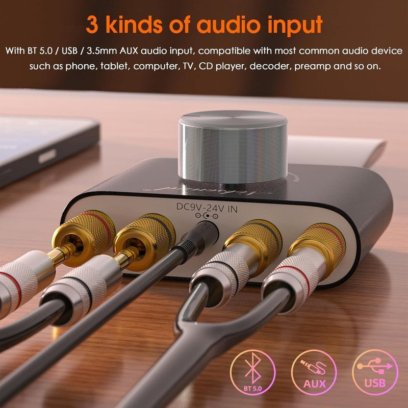 Mini Bluetooth 5.0 Stereo Hi Fi Amp 2×50W Aux/USB/Wireless PC Audio Black2