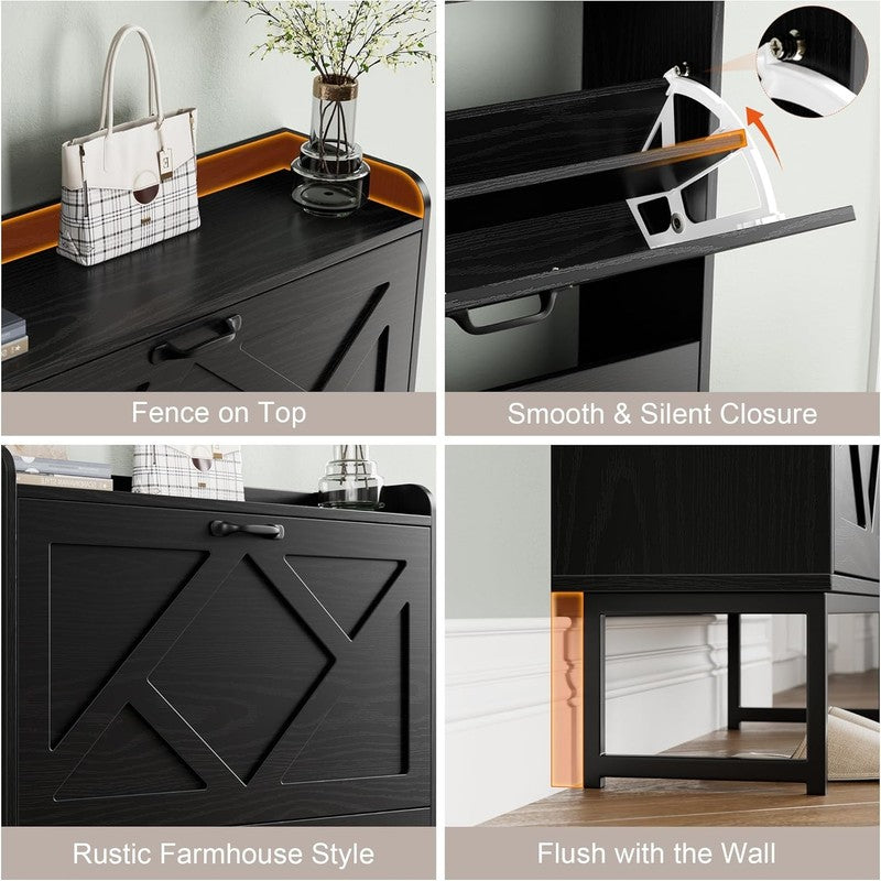 Shoe Cabinet 2 Flip Drawers Freestanding Slim Farmhouse Entryway Black6