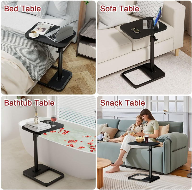 C Shaped Tv Trays Living Room End Table End Stand, Black Minimalist Wooden C Tab6