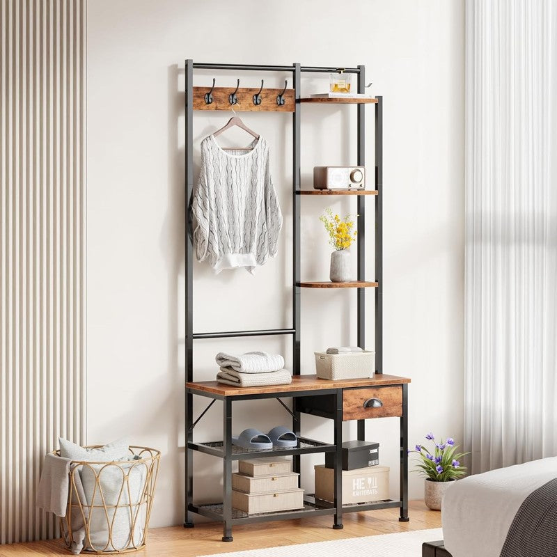 Hall Tree Entryway Bench with Coat Rack & Shoe Storage 4-in-1 Rustic Brown5