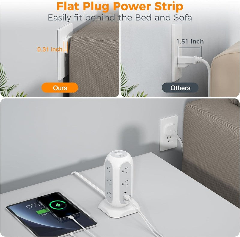 Tower Power Strip Flat Plug with 11 Outlets 3 USB (1 USB C),  Surge Protector To1