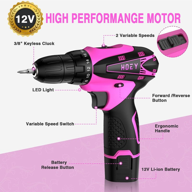 Pink 12V Cordless Drill Set Electric Screwdriver 1 Battery & Charger w/ Bag5