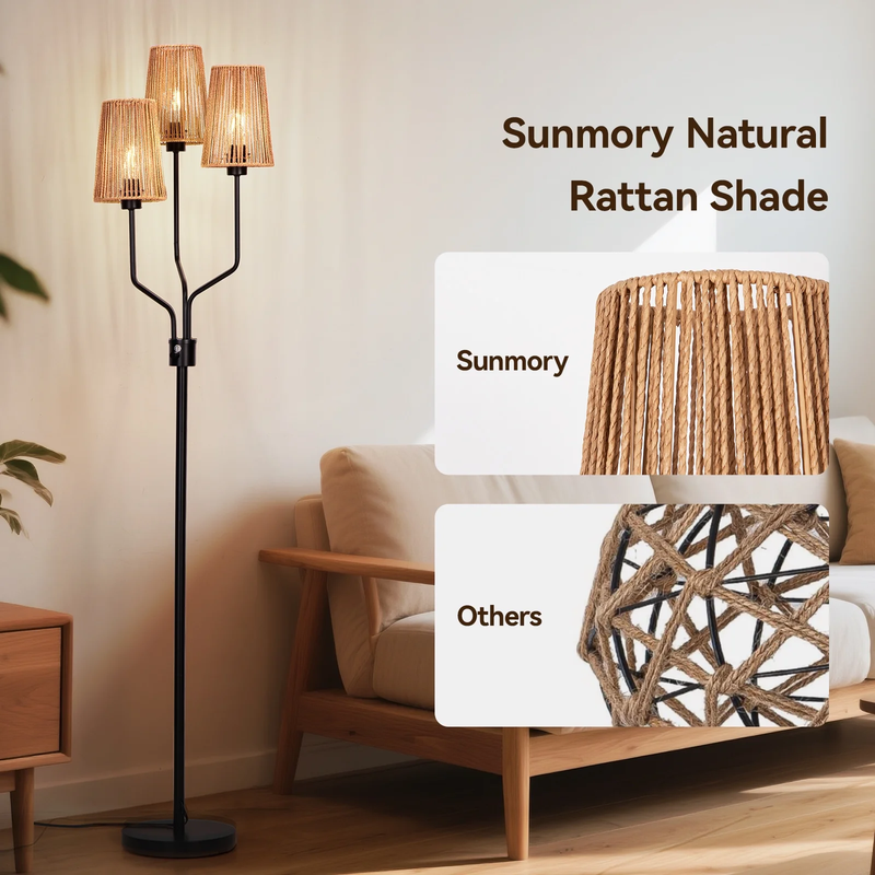 Rattan Floor Lamp 3 Tier Dimmable Rustic Boho Lighting for Living Room Bedroom1