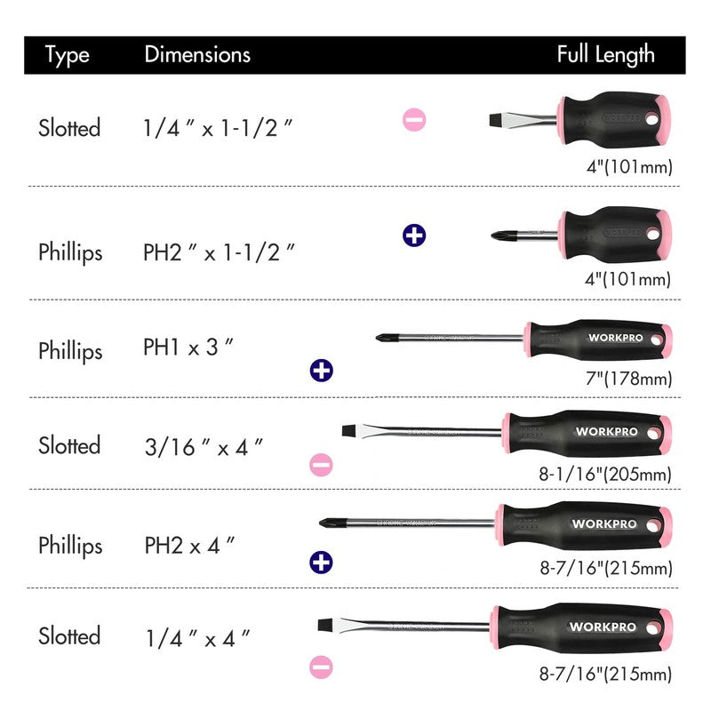 6Pc Pink Magnetic Screwdriver Set Phillips Slotted CR V Stubby Hand Tool Kit6