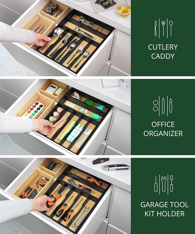Bamboo Kitchen Drawer Organizer 7 Slot Silverware Utensil Cutlery Tray5