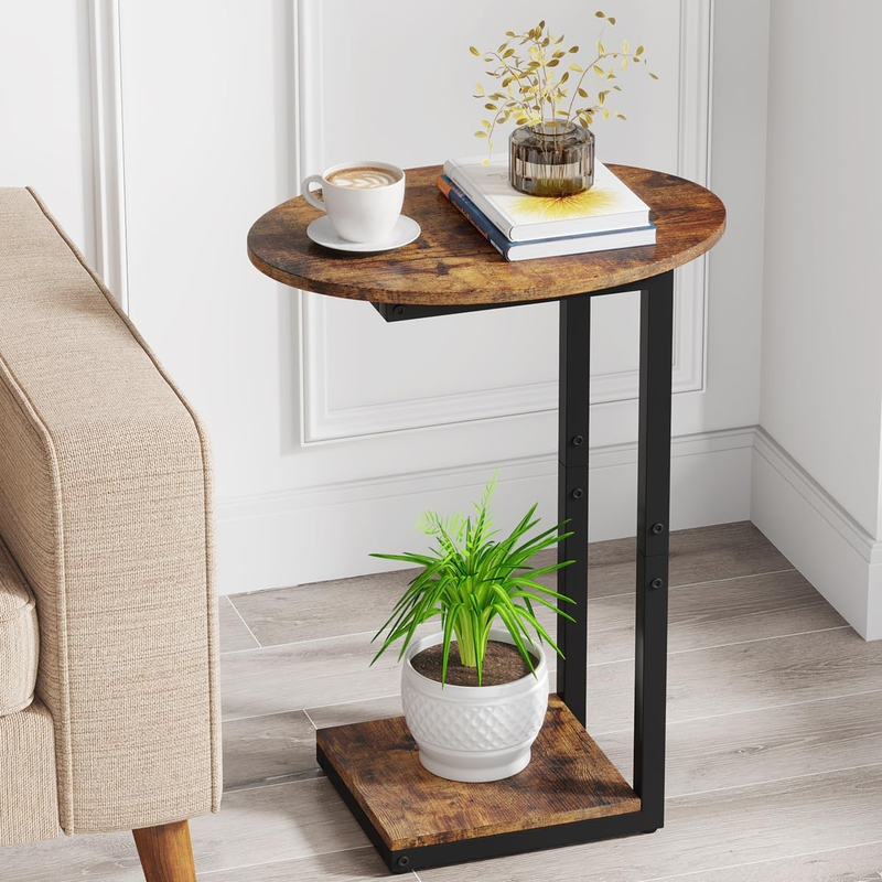 Rustic Brown C Shaped Side End Table Wood Sofa Table Metal Frame10
