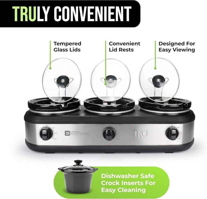 Triple Buffet Server 3×2.5QT Crock Pot Warmer w/ Lids & Spoons, 3 Temp3