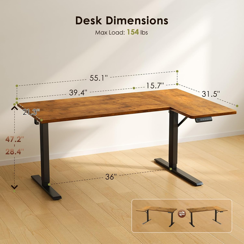 55" L Shaped Electric Standing Desk Height Adjustable Corner Desk Brown2