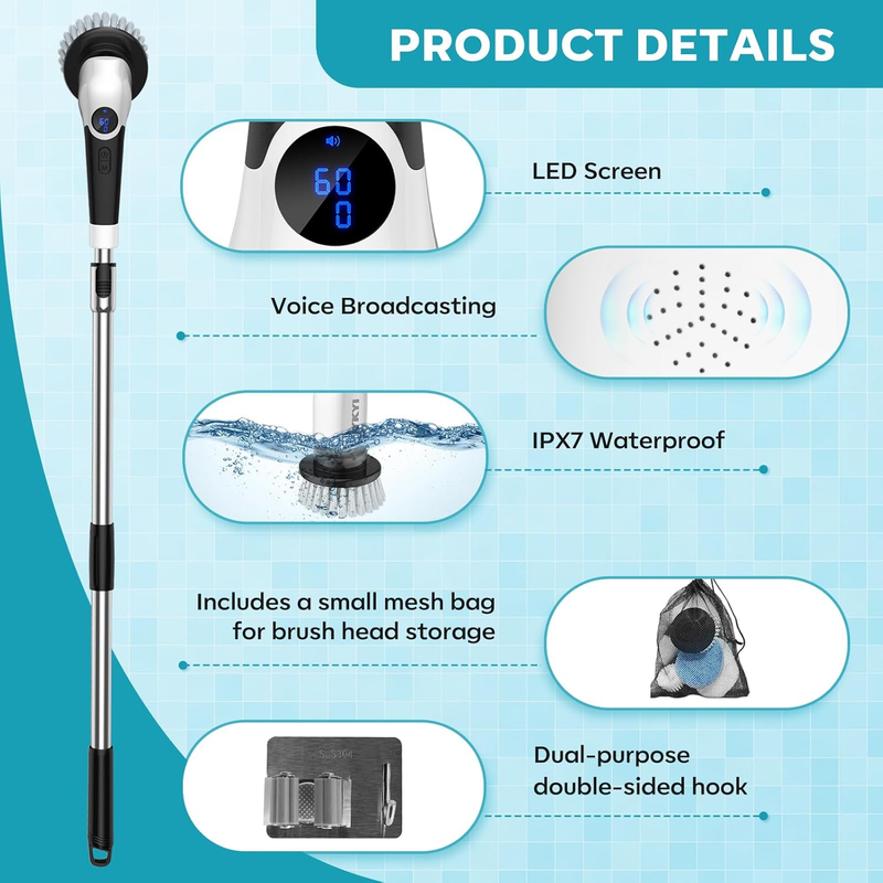 Electric Spin Scrubber,Cordless Cleaning Brush,Shower Cleaning Brush with 8 Repl3