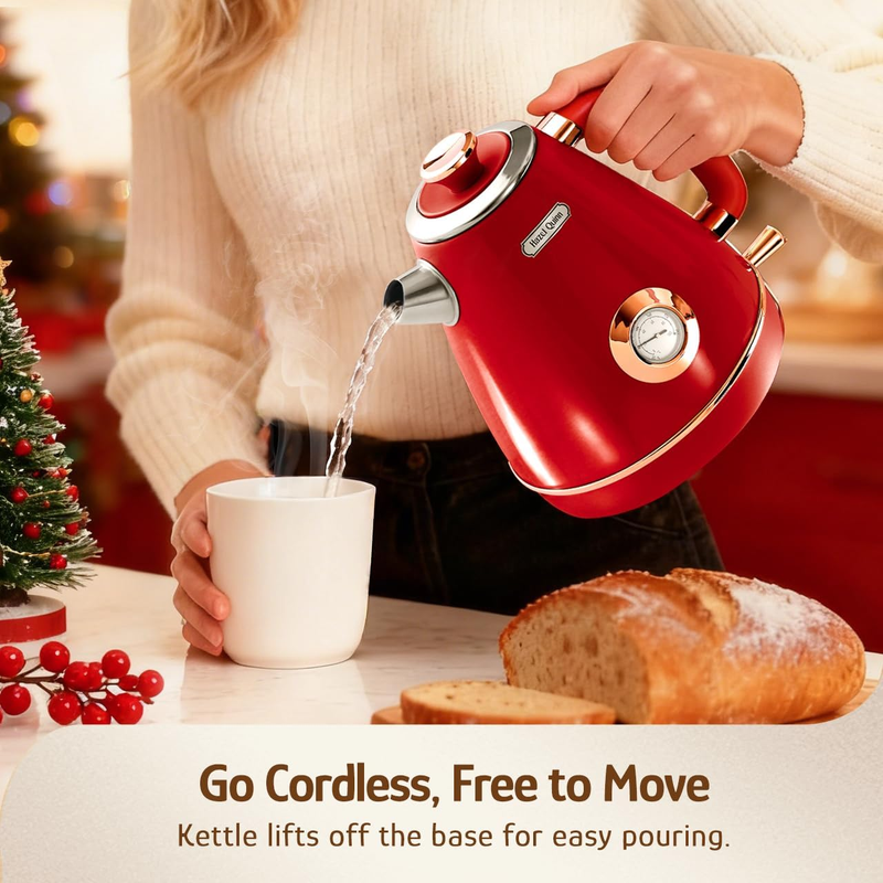 Retro Electric Kettle 1.7L 1200W Stainless Steel w/ Thermometer Ruby Red2