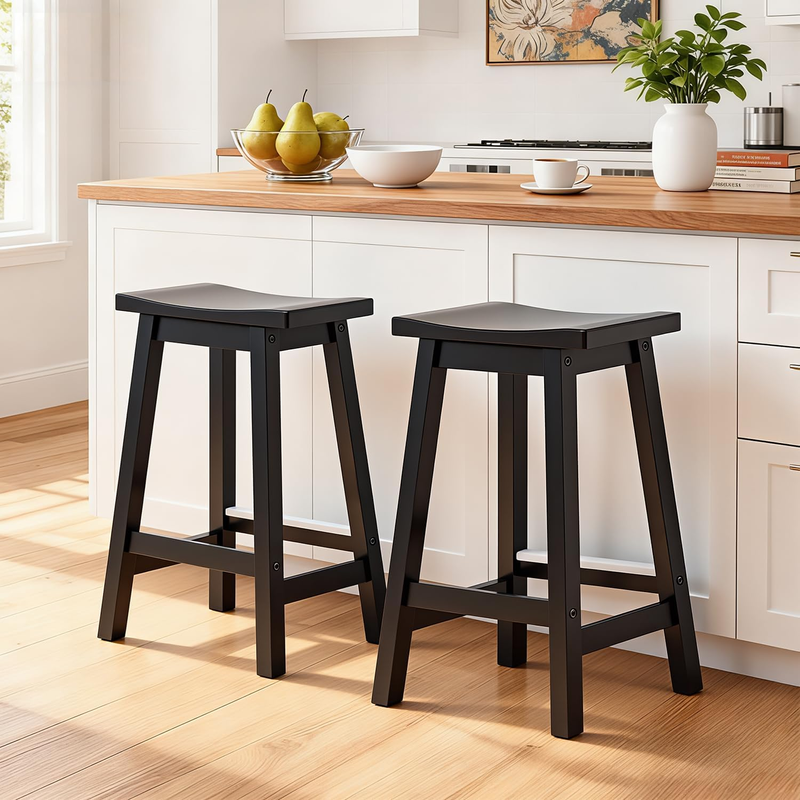 Bar Stools Set of 2, Wooden Saddle Stools 24 Inch Heigh, Bar Chairs Seat with Fo1