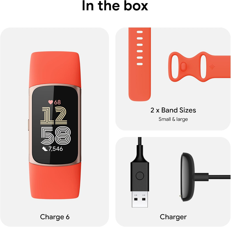Fitbit Charge 6 Fitness Tracker Google Apps Heart Rate Gold Coral Bands6