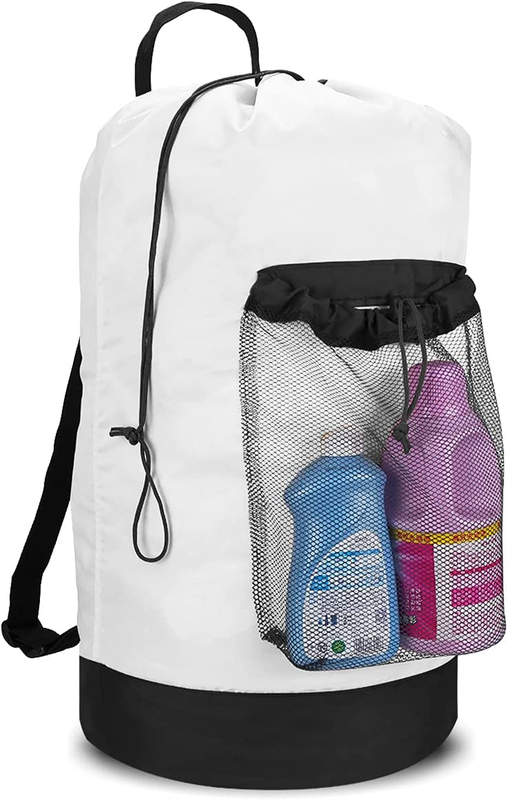 Backpack Laundry Bag with Straps & Pocket, Durable Nylon Clothes Stripe White7