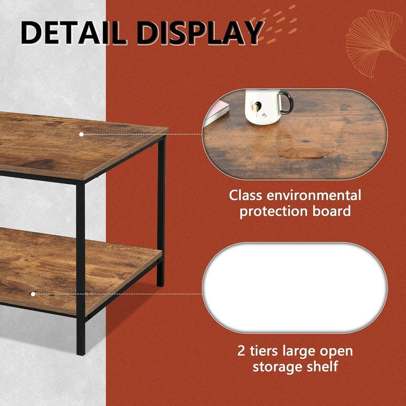 Small Brown Wood & Metal Coffee Table with Storage Shelf for Living Room3