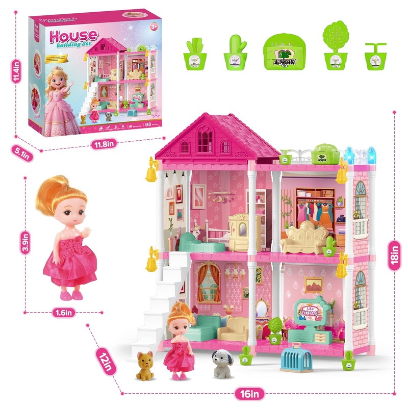 Dollhouse Kit for Girls 4 Rooms, 98PCS Building Toy for Ages 3–6, Birthday Gift4