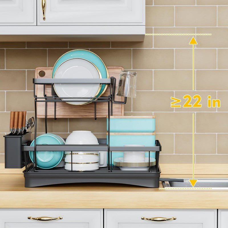 2 Tier Large Dish Drying Rack with Utensil Holder   Black Kitchen Organizer6