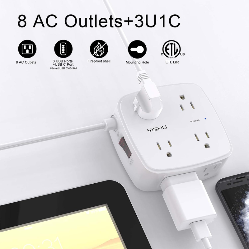 6FT Surge Protector Power Strip 8 Outlets 4 USB Flat Plug Extension Cord1