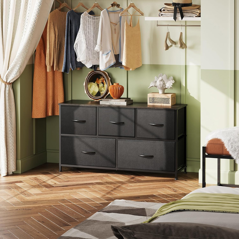 5 Drawer Fabric Dresser Chest Storage Organizer Bedroom Closet Charcoal Black1