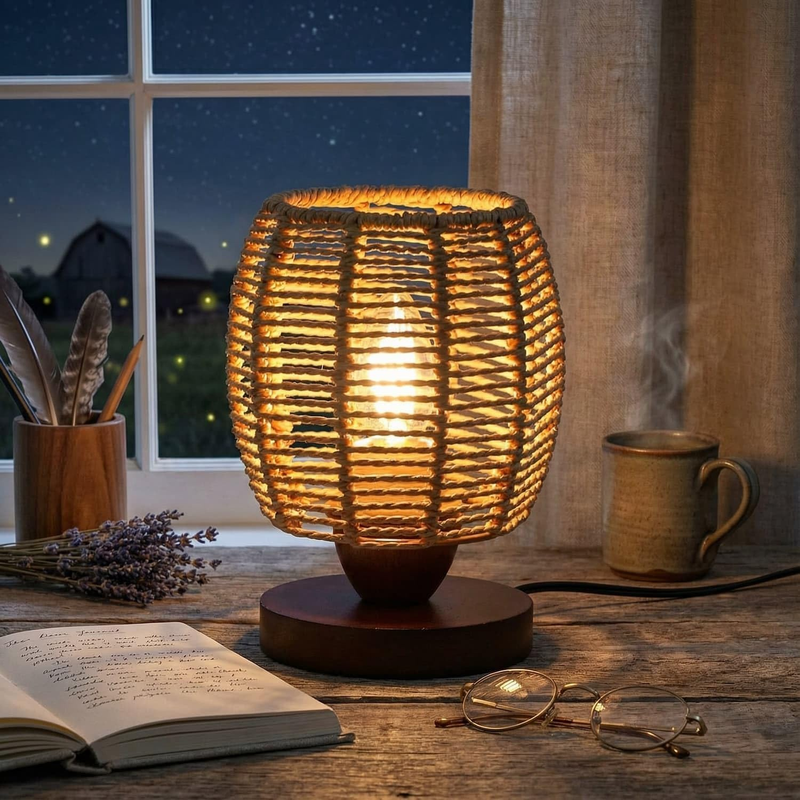 Rattan Table Lamp Boho Small Bedside Wicker Nightstand Wooden LED Lamp7