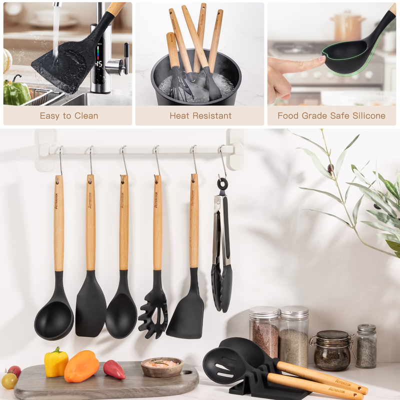 38PCS Silicone Kitchen Utensil Set Wooden Handle Heat Resistant Black6