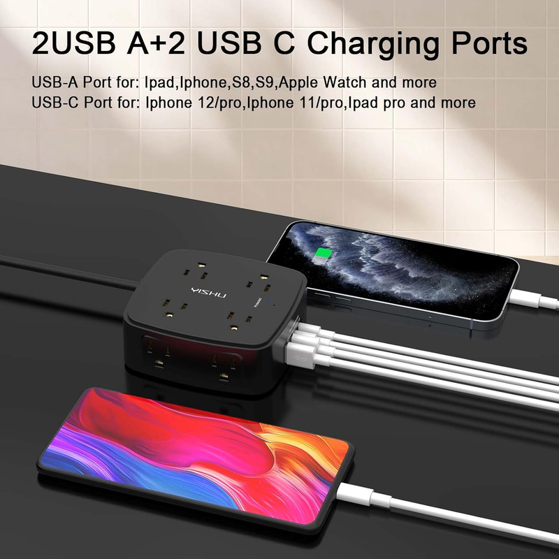 6FT Surge Protector Power Strip 8 Outlets 4 USB Ports Flat Plug Black2