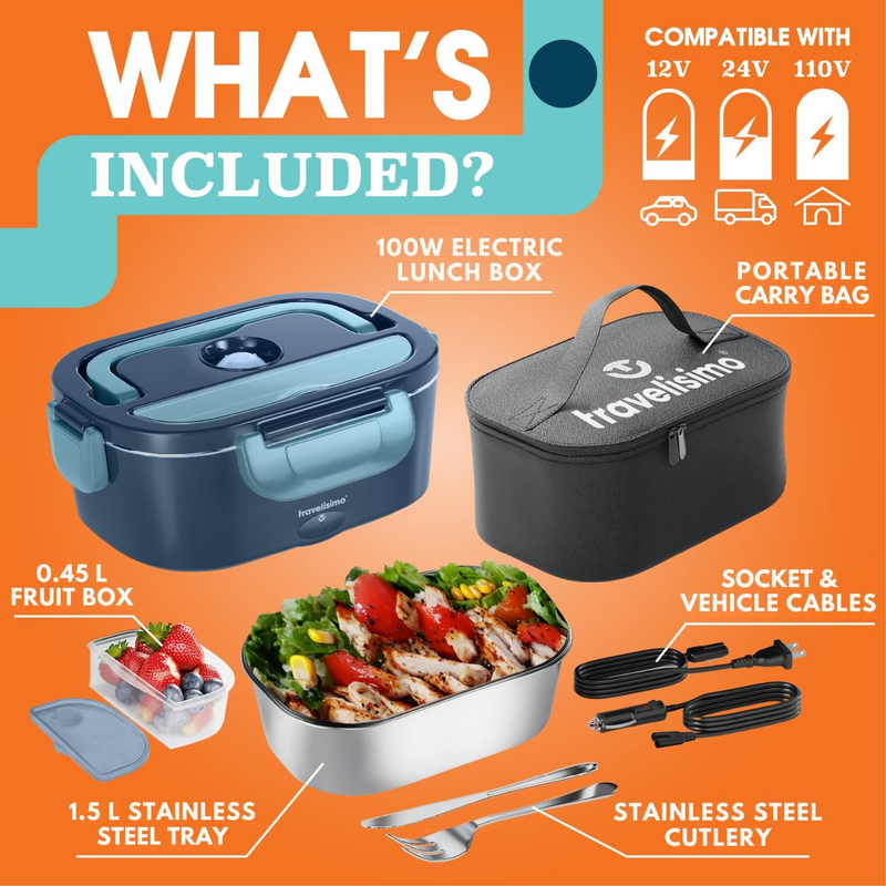 Electric Lunch Box 100W Food Warmer 1.5L Stainless Steel 12V/24V/110V4