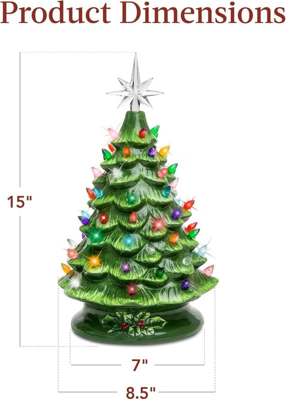 15In Ceramic Christmas Tree, Pre-Lit Hand-Painted Tabletop Holiday Tree, Star To6