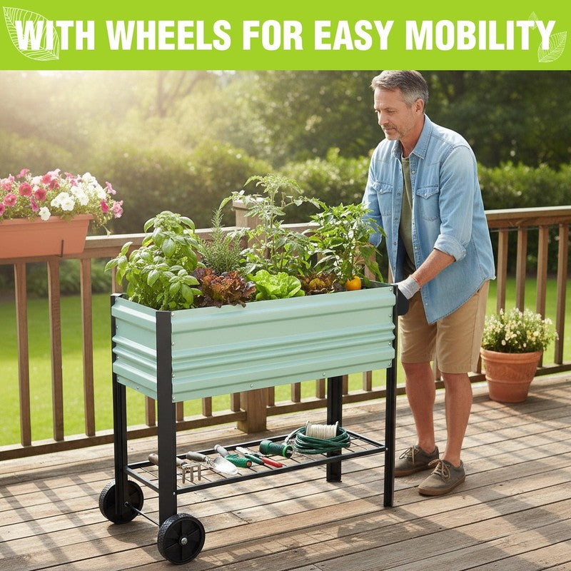 37In Outdoor Galvanized Raised Garden Bed with Legs and Wheels -Light Green2