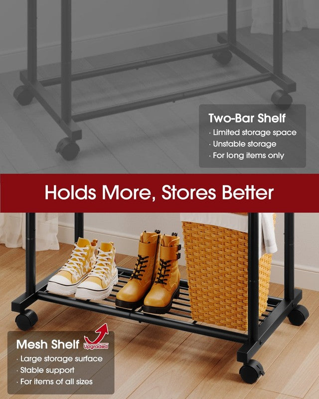Double-Rod Clothes Rack with Hooks & Mesh Shelf Portable Hanger Black5