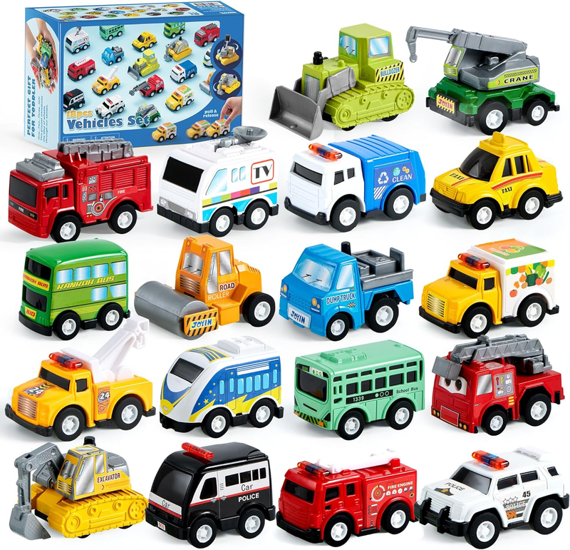 18 Pcs Pull Back City Cars and Trucks Toy Vehicles Set, Friction Powered Cars To0