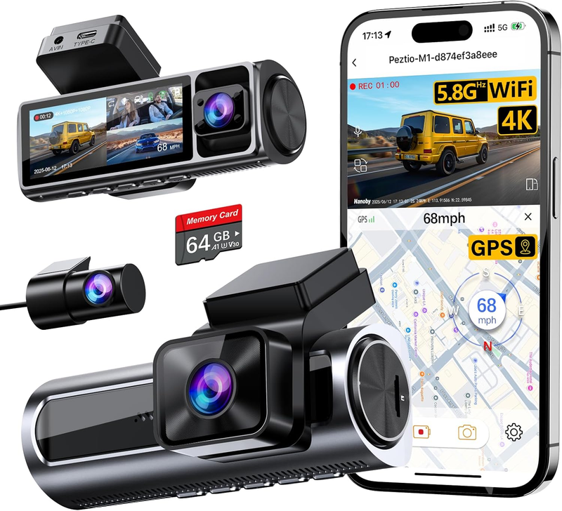 4K 3-Channel Dash Cam Front/Rear Inside GPS WiFi 64GB Card 3.18" IPS Screen10