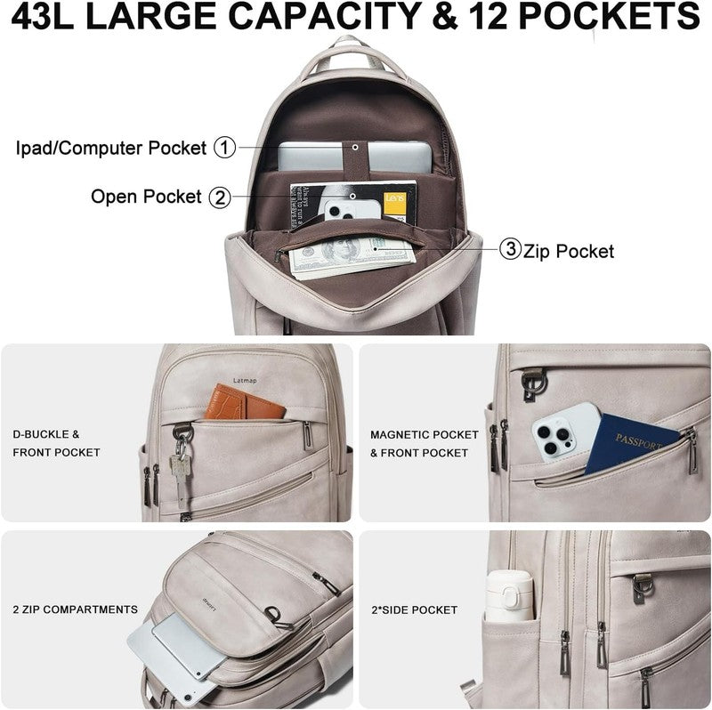 43L Backpack for Women Men - Vegan Leather Backpack Purse Travel Carry-On Bag Co3