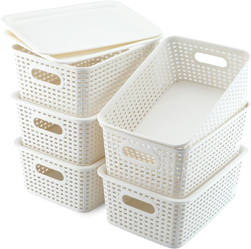 6 Pack Plastic Storage Bins with Lids, Stackable Organizer Baskets White8