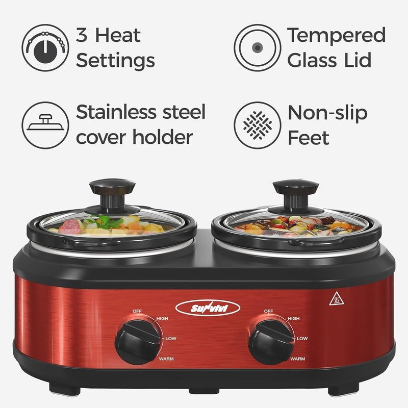 Double Slow Cooker,2 Pot Small Mini Crock Buffet Servers and Warmer,Dual Pot Ova4
