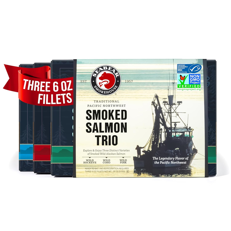 Wild Alaskan Smoked Salmon Trio   Sockeye, Coho & Pink   18oz Box10