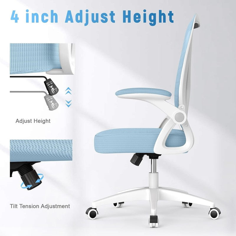 Office Desk Chair Mid Back Mesh Adjustable Height Flip Up Arms Lumbar Blue6
