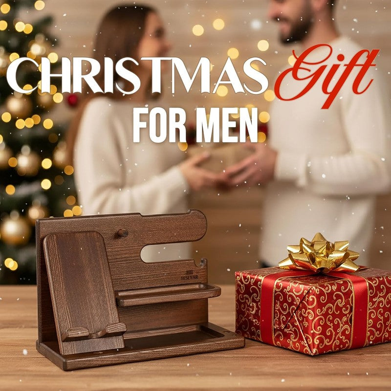 Wood Phone Docking Station for Men - Desk or Nightstand Organizer - Birthday Gif2
