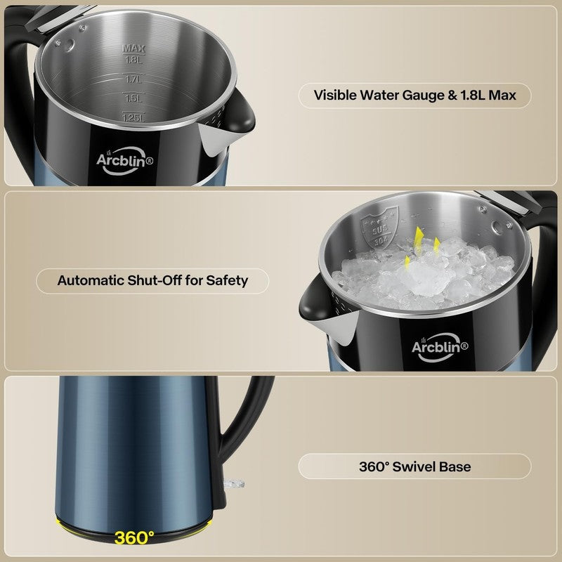 Electric Kettle 1.8L 1350W Double Wall Stainless Steel Auto Shut Off Dry Blue3