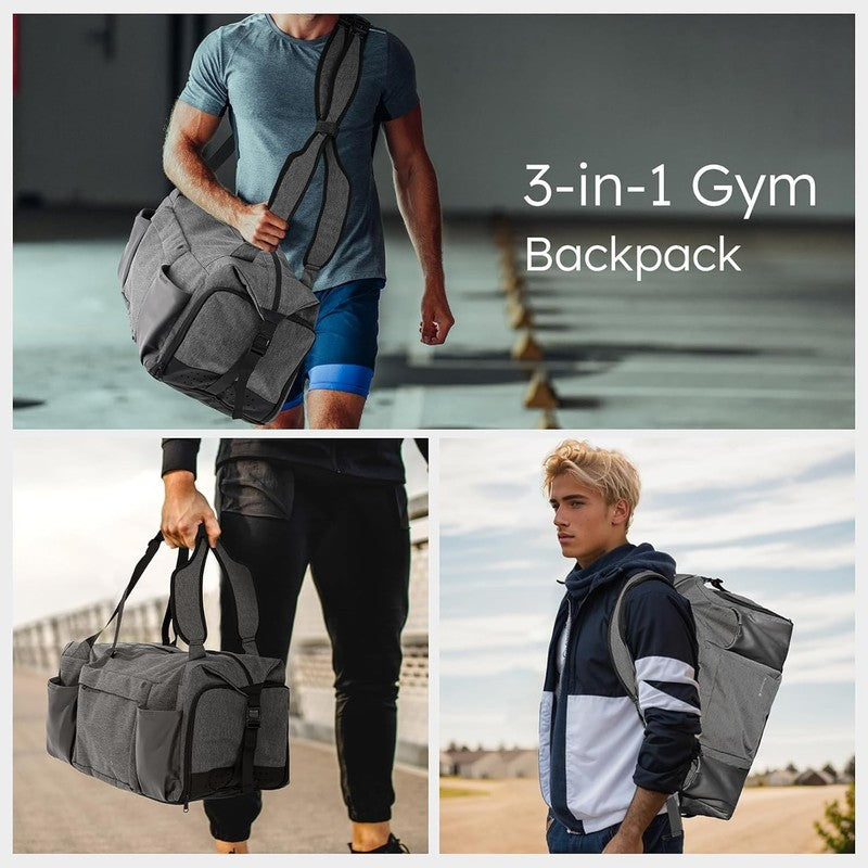 Men’s Gym Bag Backpack Duffle Grey Shoes Compartment Waterproof Weekender1