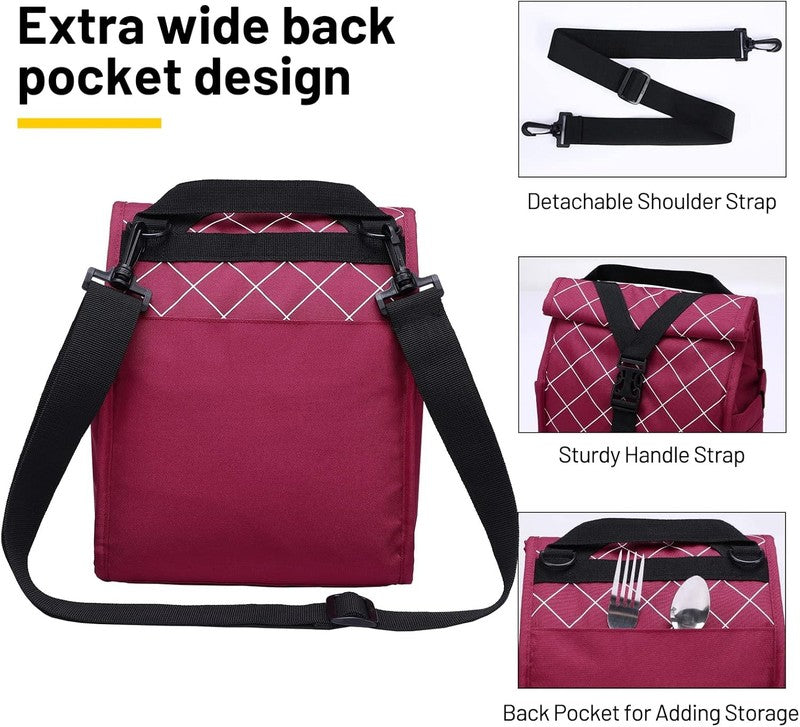 Insulated Roll Top Lunch Bag for Women Men Foldable Tote w/ Shoulder Strap Red2