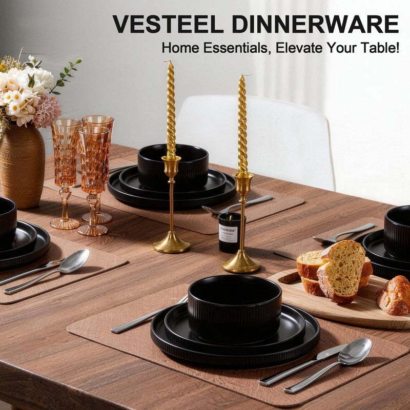 Dinnerware Set for 4, 12 Piece Premium Stoneware Ribbed Dishes, Chip & Scratch R4