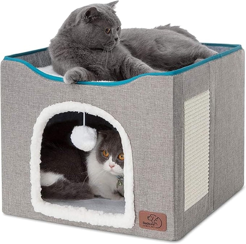 Large Foldable Cat House with Scratch Pad & Hanging Ball, 16.5"x16.5"x13", Grey8