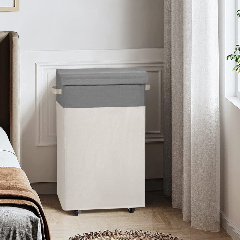 90L Rolling Laundry Hamper w/ Lid & Wheels, Collapsible Basket – Beige, 27.6"6