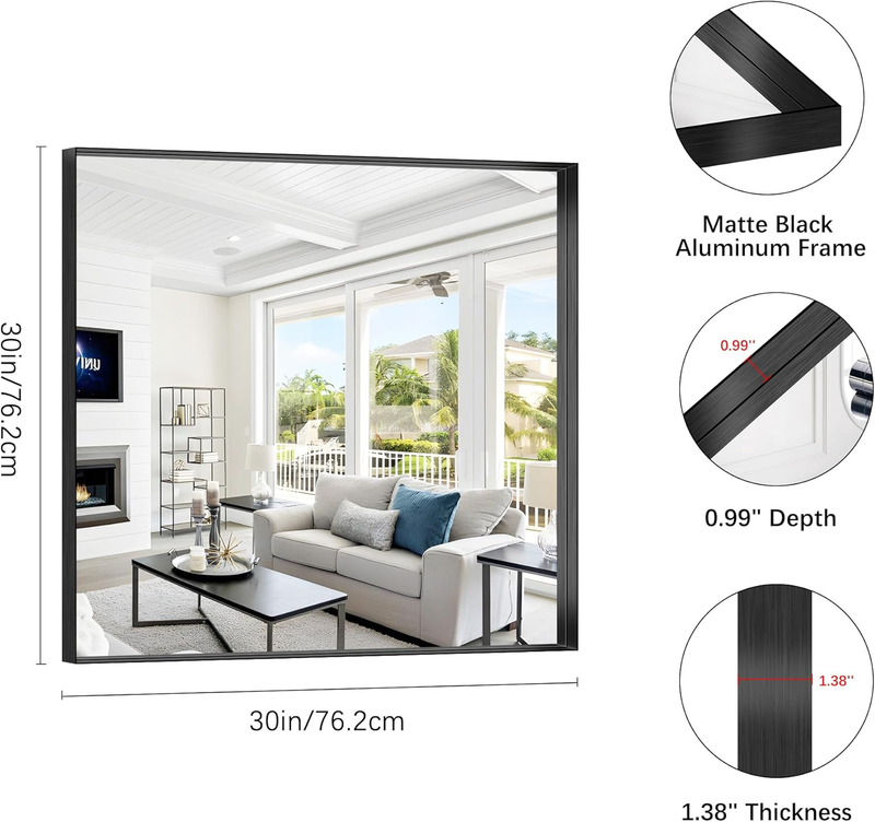 Black Bathroom Mirror, 30X30 Inch Rectangular Framed Mirror, Large Wall Mounted 2