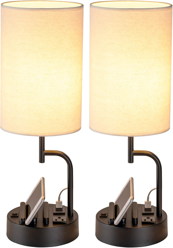 Modern Table Lamp with USB Ports & AC Outlet   Pack of 2, Cream9