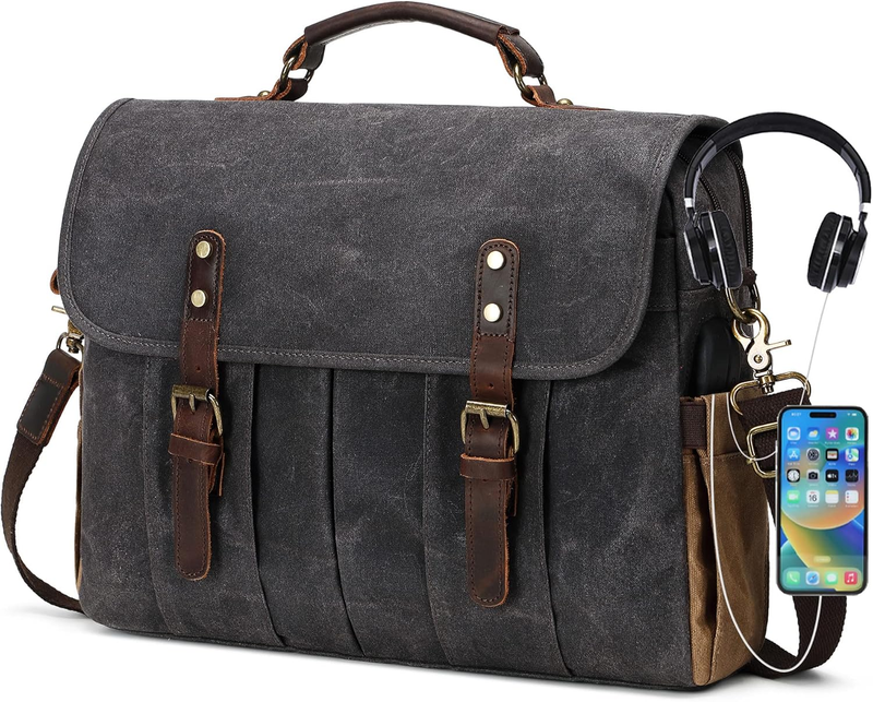 Men's 15.6" Vintage Canvas Leather Laptop Messenger Bag Dark Gray Satchel0