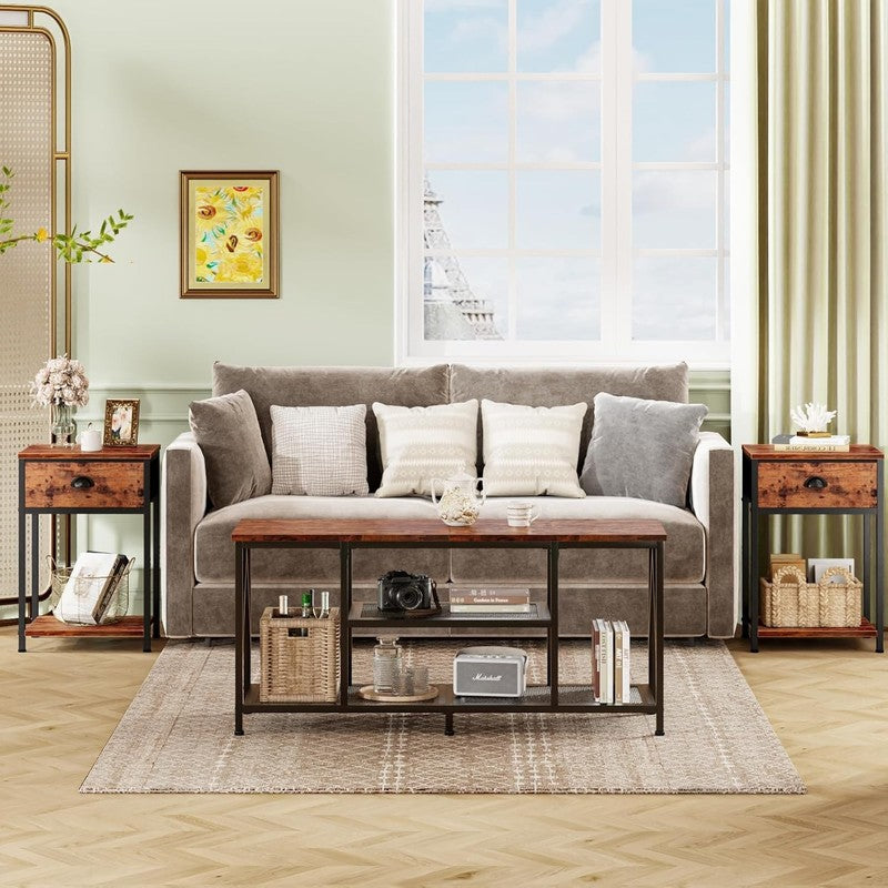 Set of 2 Nightstands w/ Fabric Drawer & Storage Shelf Rustic Brown Bedside Table6