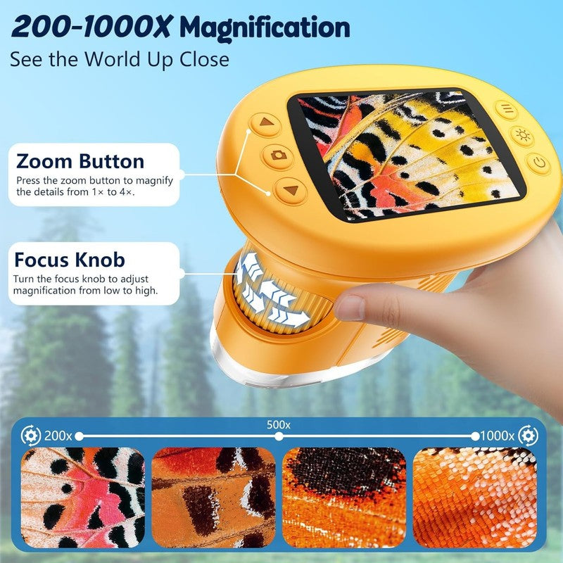 Kids 1000X Handheld Digital Microscope 4K 2.4" Display w/ 12 Slides – Orange4